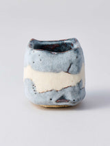 林友加 志野ぐい呑み_d(白/グレー 横縞・四角)箱付き