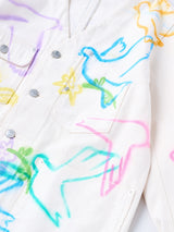 NO COLLAR WORK JEAN JACKET #WHITE DOVE FLOWER ステンシル加工ノーカラーデニムジャケット