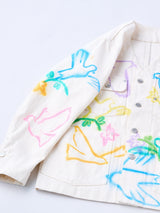 NO COLLAR WORK JEAN JACKET #WHITE DOVE FLOWER ステンシル加工ノーカラーデニムジャケット