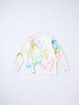 NO COLLAR WORK JEAN JACKET #WHITE DOVE FLOWER ステンシル加工ノーカラーデニムジャケット