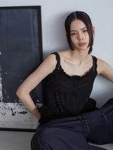 lace up ribbon knit camisole Black ニットキャミソール