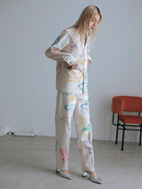 NO COLLAR WORK JEAN JACKET #WHITE DOVE FLOWER ステンシル加工ノーカラーデニムジャケット