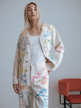 NO COLLAR WORK JEAN JACKET #WHITE DOVE FLOWER ステンシル加工ノーカラーデニムジャケット