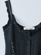 lace up ribbon knit camisole Black ニットキャミソール