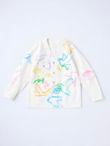 NO COLLAR WORK JEAN JACKET #WHITE DOVE FLOWER ステンシル加工ノーカラーデニムジャケット