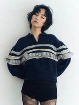 Textured Ruffle Sleeve Polo ラッフルスリーブポロニットトップ