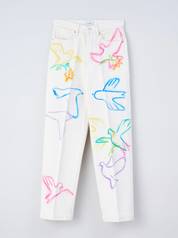 THE JEAN TROUSERS #WHITE DOVE FLOWER  ステンシル加工デニムトラウザー
