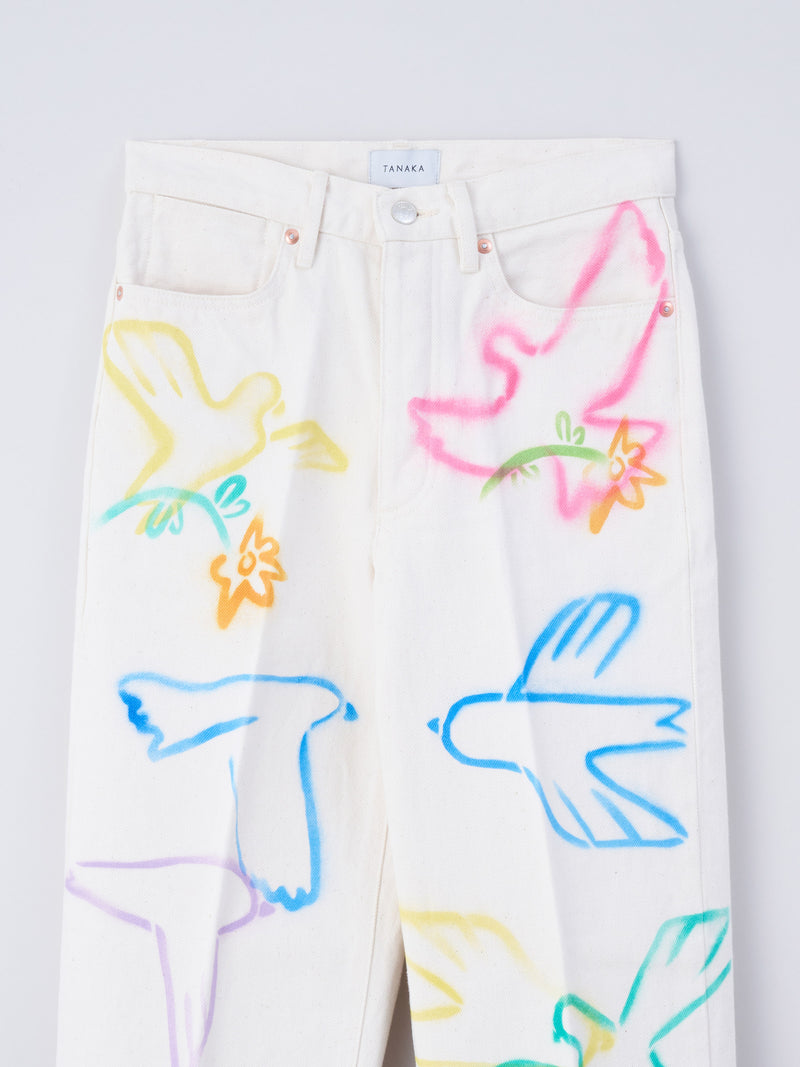 THE JEAN TROUSERS #WHITE DOVE FLOWER  ステンシル加工デニムトラウザー