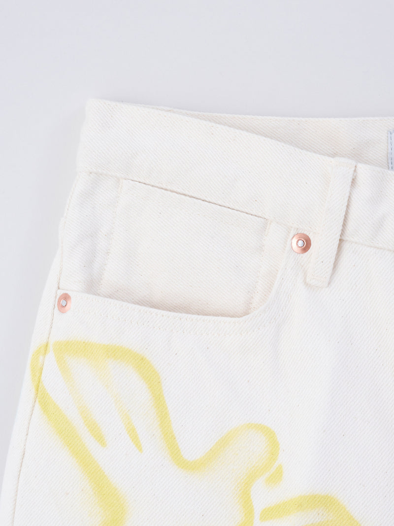 THE JEAN TROUSERS #WHITE DOVE FLOWER  ステンシル加工デニムトラウザー