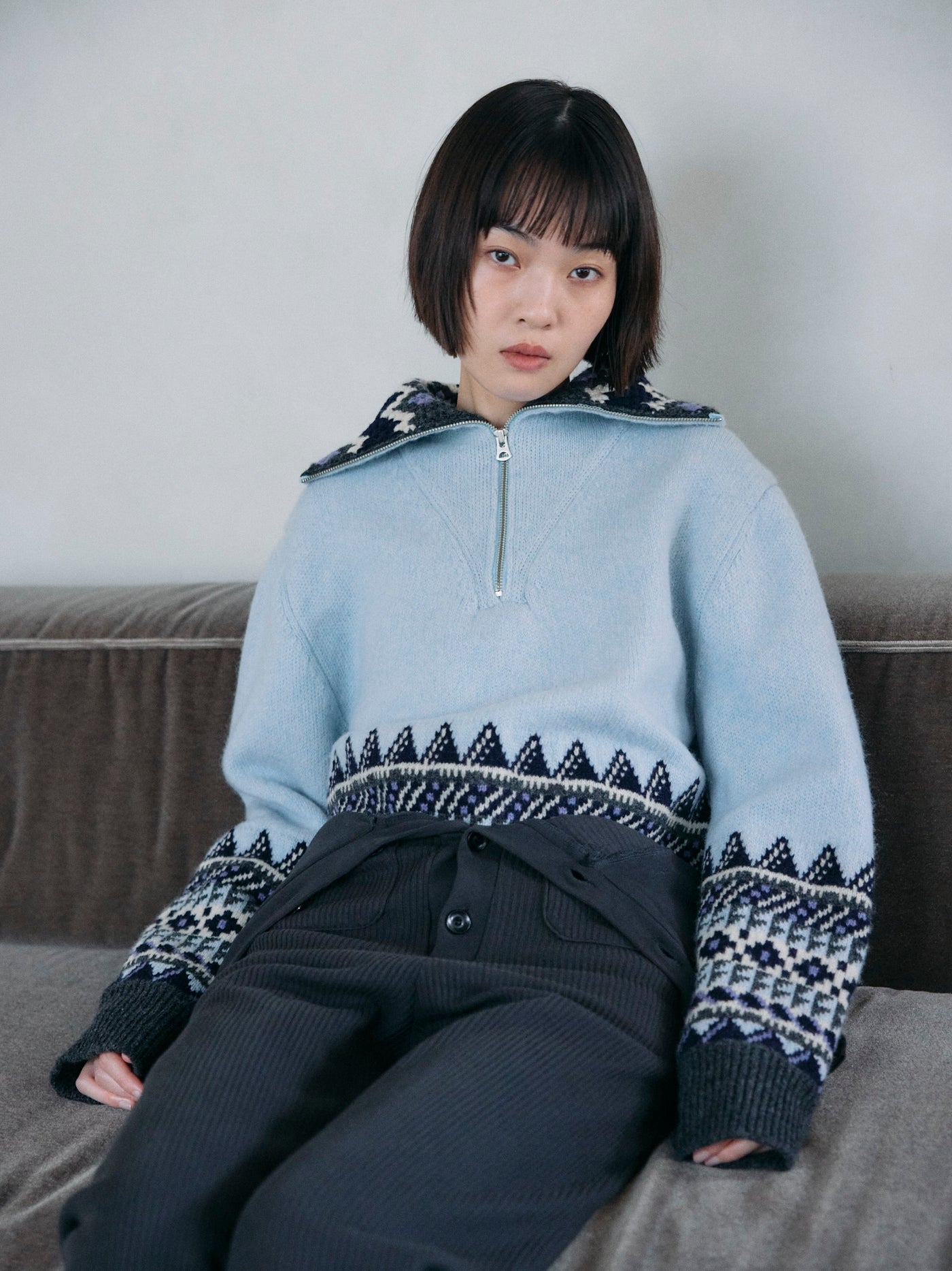 fluss(フルス) fairisle half zip crochet color knit フェア