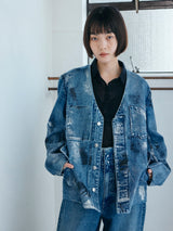 NO COLLAR JEAN JACKET METALLIC BLUE ノーカラーデニムジャケット