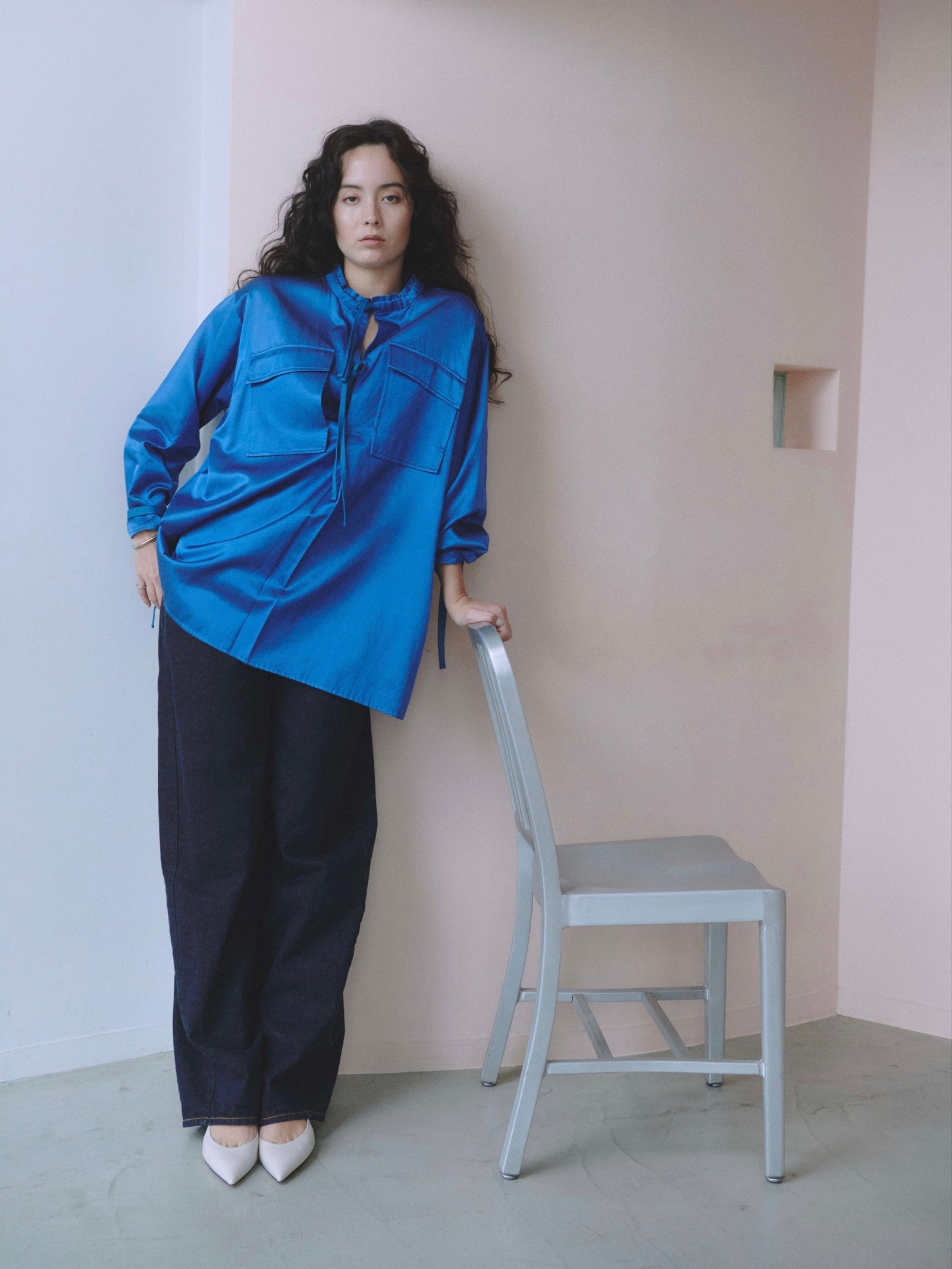 VISCOSE COTTON SATIN TOP/ Blue [2019SS] サテンブラウス – Numero CLOSET