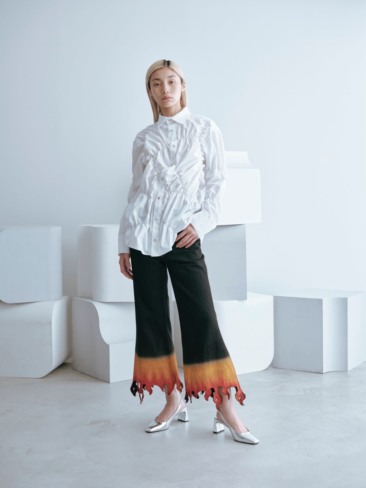 tシャツ B7 / randam gather blouse(ランダムギャザーブラウス) レディース セール】twill cropped gather blouse / ツイルクロップド