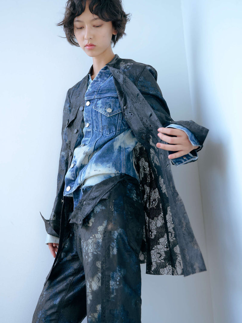 NO COLLAR TRUCKER JACKET ノーカラーレイヤードデニムジャケット（ブラックレース）