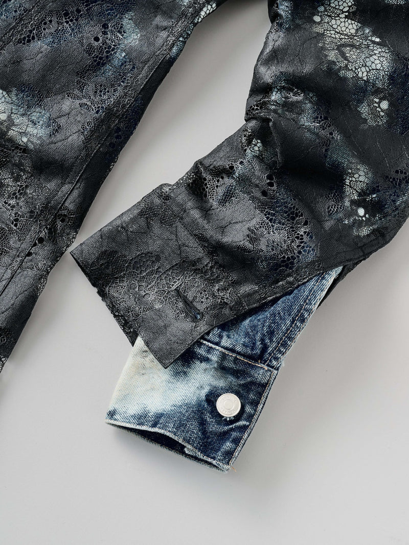 NO COLLAR TRUCKER JACKET ノーカラーレイヤードデニムジャケット（ブラックレース）