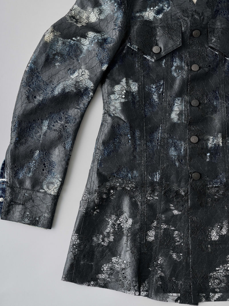 NO COLLAR TRUCKER JACKET ノーカラーレイヤードデニムジャケット（ブラックレース）