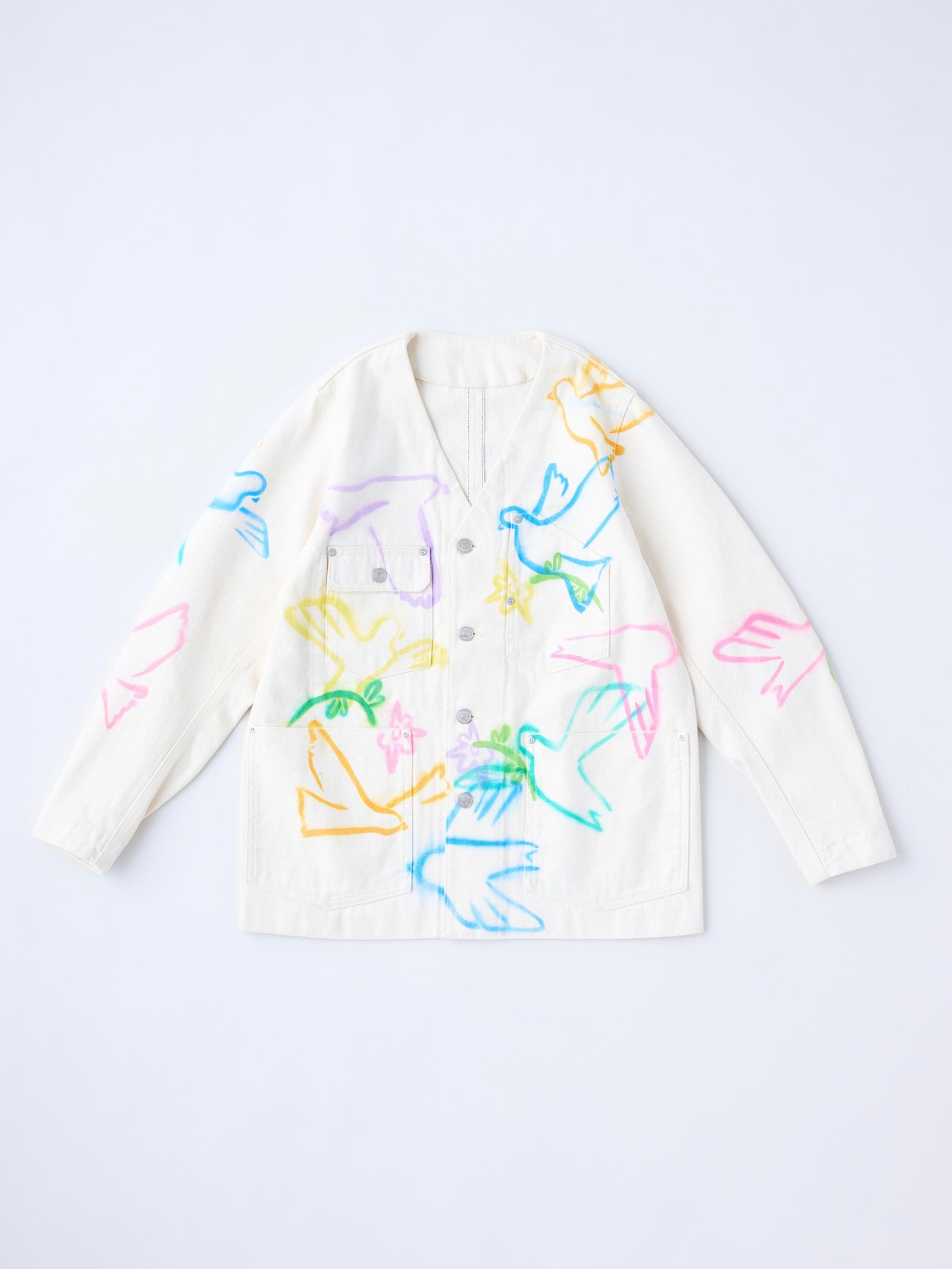 NO COLLAR WORK JEAN JACKET ステンシル加工ノーカラーデニム