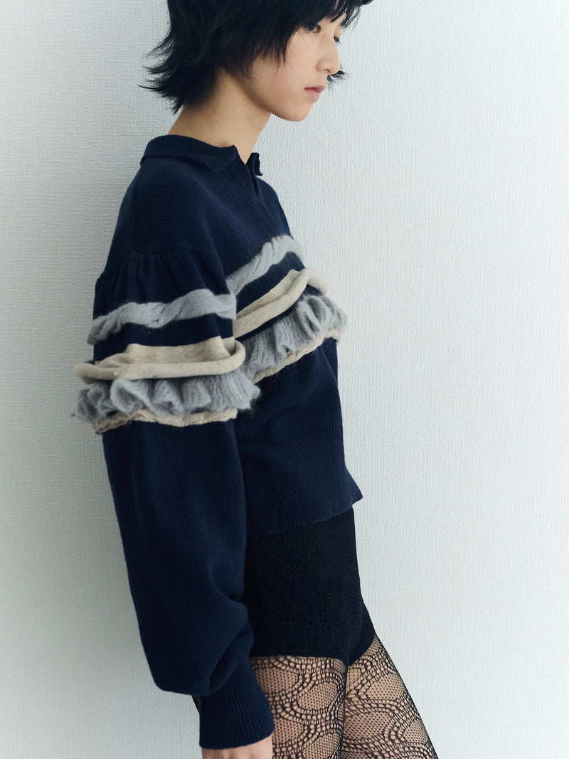 Textured Ruffle Sleeve Polo ラッフルスリーブポロニットトップ